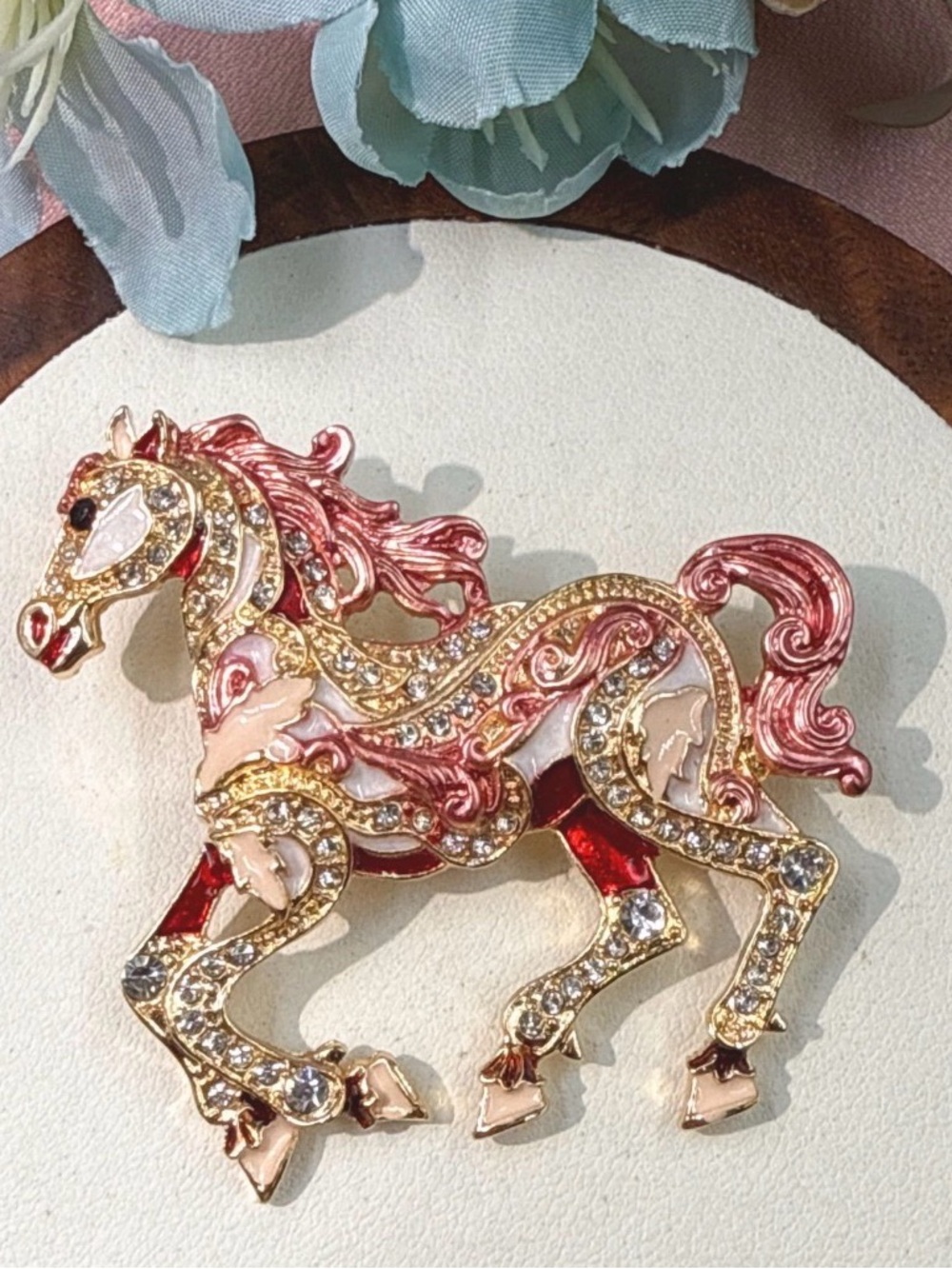 2.25” x 2” Gold-Tone Jeweled Horse Brooch with Pink Enamel & Clear Stone Accents